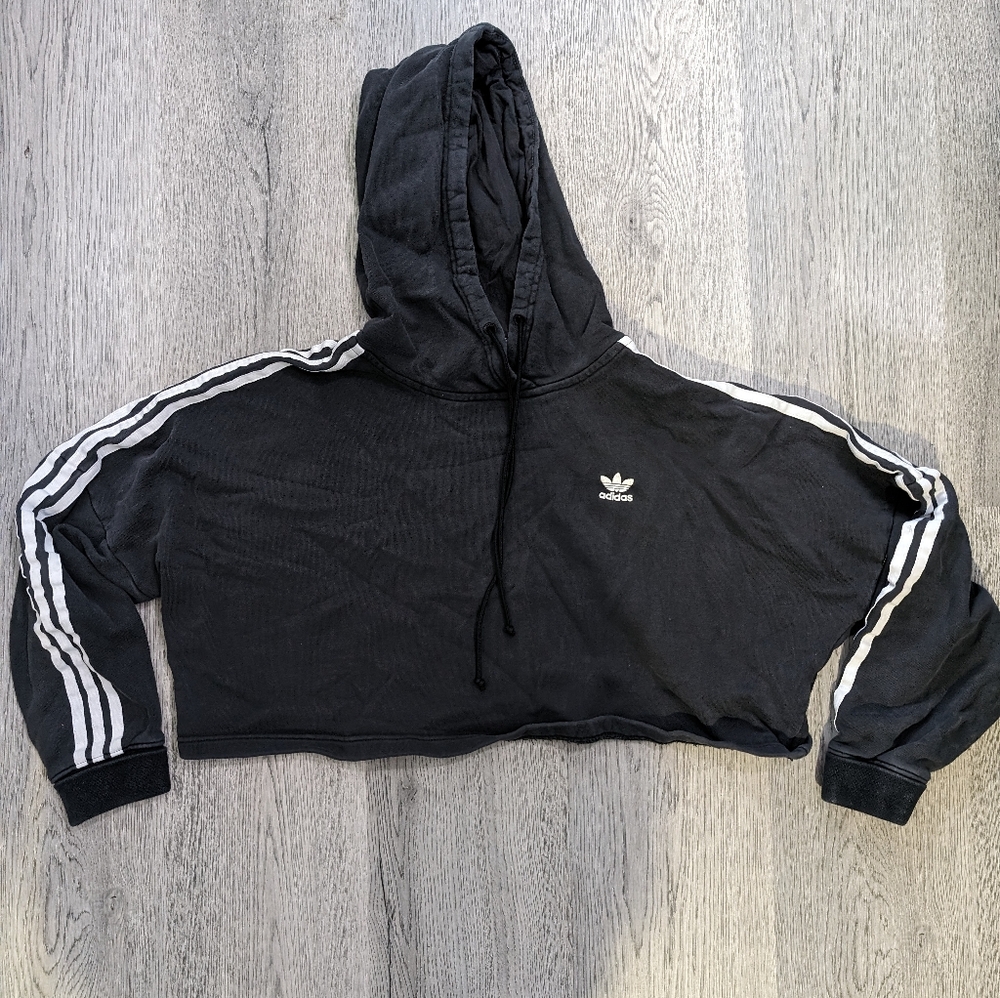 Adidas Originals Adicolor Black Cropped Hoodie 3 Stripes Small